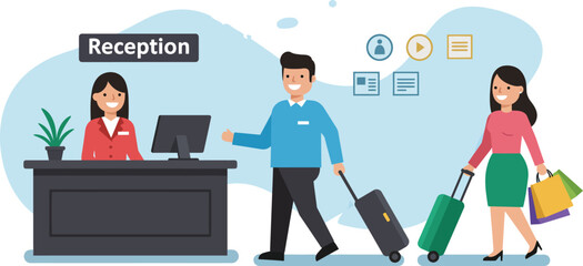 Reception desk with receptionist checking in hotel guests carrying luggage and shopping bags vector illustration 