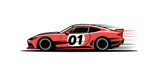 Red racing sports car with number 01 speeding on white background