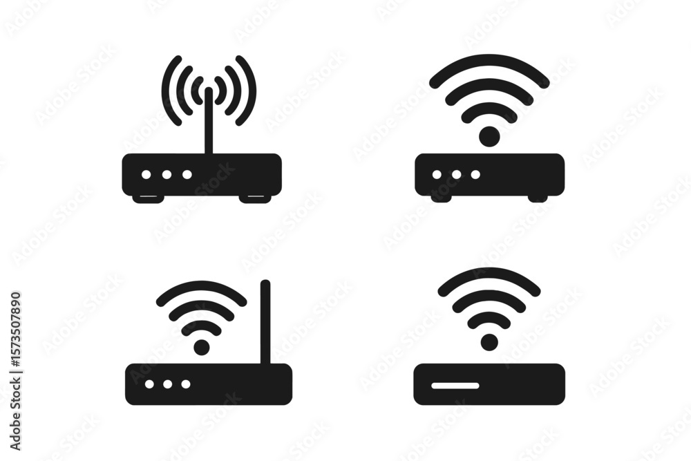Poster wi-fi router icon set collection. wireless network modem symbol for app ui. internet connection tech