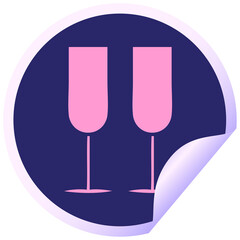 circular peeling sticker cartoon of a champagne flutes in bright neon color