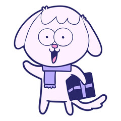 cute cartoon dog with christmas present in bright neon color