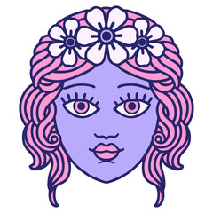 iconic tattoo style image of female face with crown of flowers in bright neon color