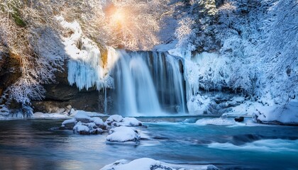 majestic frozen waterfall surrounded by snow covered pine trees in a winter wonderland landscape create a serene and tranquil atmosphere