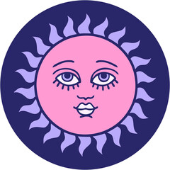 iconic tattoo style image of a sun with face in bright neon color