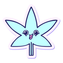 sticker of a cute cartoon marijuana leaf in bright neon color