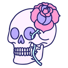tattoo in traditional style of a skull and rose in bright neon color