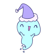 hand drawn christmas cartoon of kawaii ghost in bright neon color