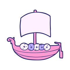 cartoon viking boat in bright neon color