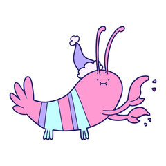 hand drawn line drawing of a lobster wearing santa hat in bright neon color