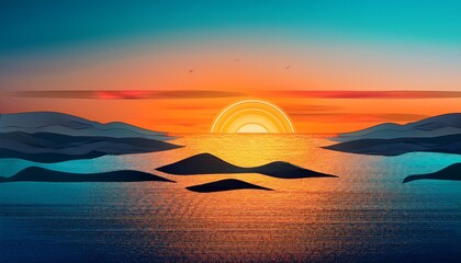 a graphic illustration depicts sunset over a stylized ocean landscape