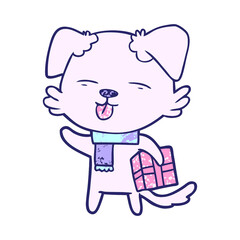 cartoon dog with xmas gift in bright neon color