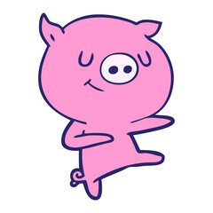 happy cartoon pig dancing in bright neon color
