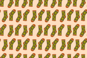Autumn-themed seamless pattern featuring green wool socks decorated with acorns