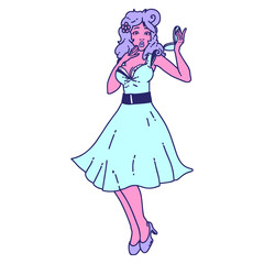 tattoo in traditional style of a pinup surprised girl in bright neon color