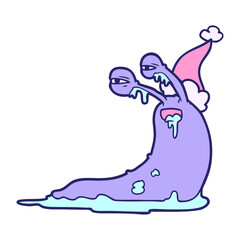 gross hand drawn line drawing of a slug wearing santa hat in bright neon color