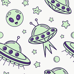 Playful seamless pattern with cartoon spaceships, cute aliens, stars, and planets in bright green and purple. Perfect for kids’ space-themed designs and fun decor.