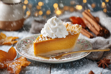 Classic pumpkin pie slice with whipped cream, powdered sugar and holiday spices, served on floral plate with festive winter background