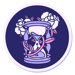 sticker of tattoo in traditional style of an hour glass and flowers in bright neon color