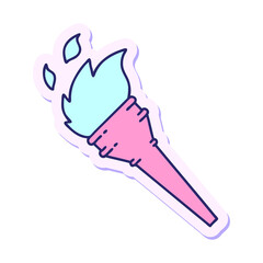 sticker of tattoo in traditional style of a lit torch in bright neon color