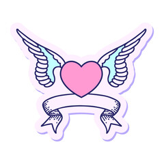 tattoo style sticker with banner of a heart with wings in bright neon color