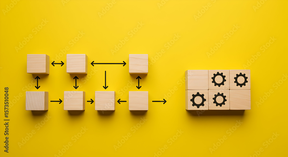 Poster workflow process: wooden blocks with gears on yellow background