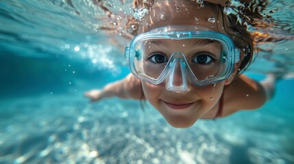 Underwater girl with goggles smiles, enjoying a swim in clear blue water