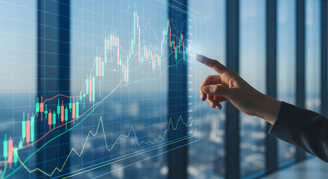 Businesswoman Analyzing Financial Data on Transparent Screen in Modern Office