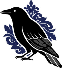 Elegant Black Crow Vector Illustration with Ornamental Floral Background