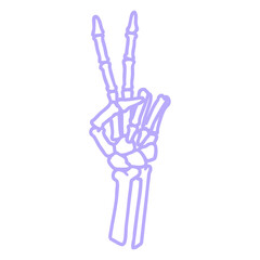tattoo in black line style of a skeleton giving a peace sign  icon in bright neon color