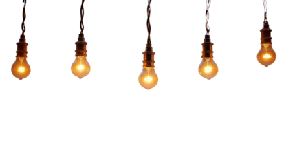 Realistic hanging warm Edison-style light bulbs on white background. Transparent PNG. great for cozy atmosphere designs, interior mockups, or vintage lighting ads