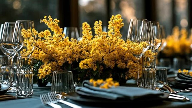 Elegant table setting with yellow flowers