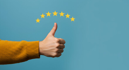 Thumbs up gesture with stars, excellent customer service rating