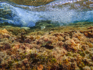 Dark blue ocean surface seen from underwater. Abstract waves underwater and rays of sunlight shining through, Sun light rays undersea deep, Underwater background with sea bottom, Mediterranean sea.