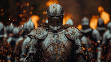 Fototapeta premium Knight in full rusted plate armor stands before an army. Sparks fly; ominous mood