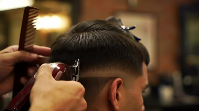 Barber Shop Fade: Barber provides a mid fade haircut to a young adult man in a vintage style barbershop with comb and clippers.