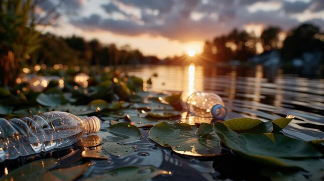 Environmental pollution caused by plastic waste in a scenic lake under a sunset. The image highlights the need to protect the environment