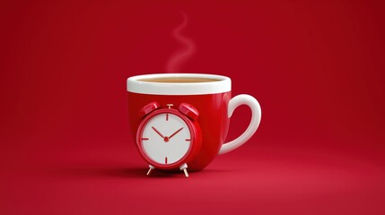 Steaming coffee fills vibrant red cup featuring integrated clock on matching red background