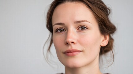 Naklejka premium Natural Portrait of a Young Woman with a Soft Expression Against a Neutral Background