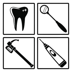 Dental tools and tooth icons mirror drill