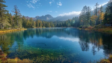 Fototapeta premium Serene lake reflects mountains under a blue, cloud-streaked sky, framed by trees