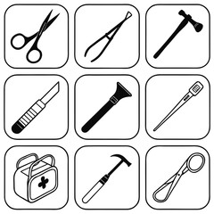 Medical instruments surgical tools and first aid kit