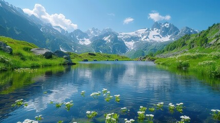 Serene mountain lake reflects snow-capped peaks and lush greenery under a bright, sunny sky