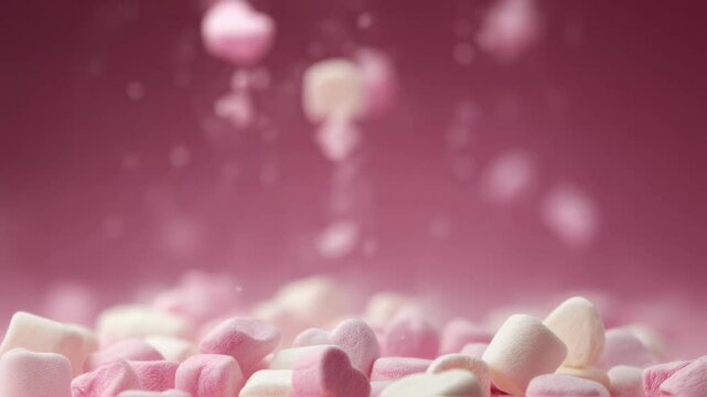 Delightful Sweetness Explosion A visually stunning shot of pink and white heart marshmallows cascading elegantly capturing the essence of indulgence and love perfect for advertising
