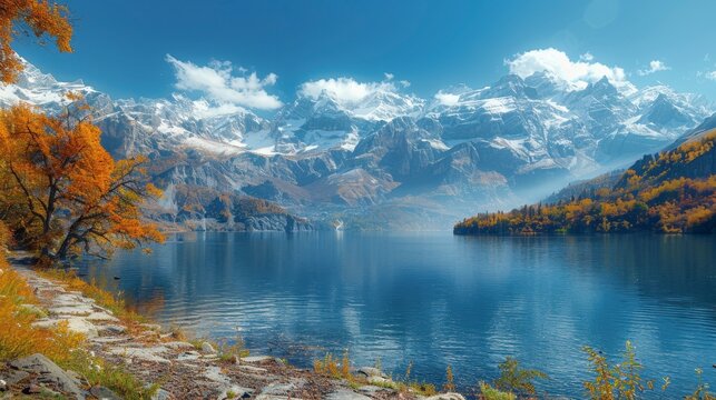 Autumn lake, mountain peaks, orange foliage. Serene, tranquil water reflects blue sky and snow-capped mountains