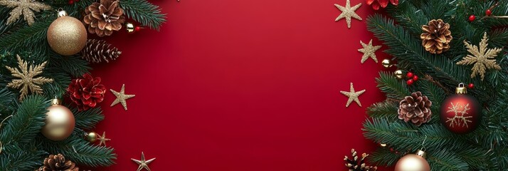 Festive Christmas Background with Ornaments and Pine Branches for Holiday Greeting Card Design