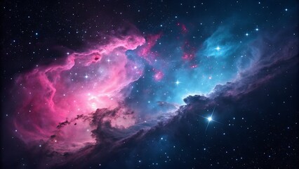 A vibrant nebula with pink and blue hues scattered with bright stars in the dark sky