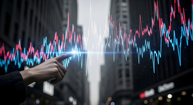 Business Person Using Touchscreen Display with Financial Data Graphs in Urban City