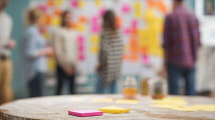 People near sticky note wall and foreground table