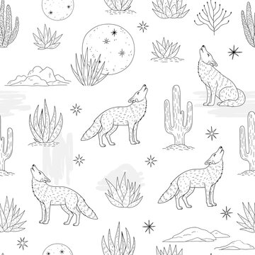 Seamless Desert Coyote Pattern - Howling at Moon with Cacti & Stars - Crisp White Hand-Drawn Textile Design