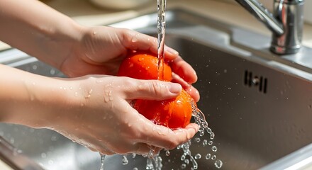 Fototapeta premium Washing Fresh Tomatoes A Simple Guide to Food Preparation
